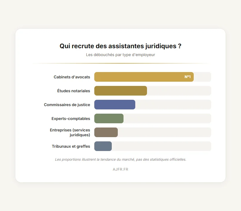 Principaux employeurs assistante juridique en France : cabinets, notaires, entreprises, tribunaux