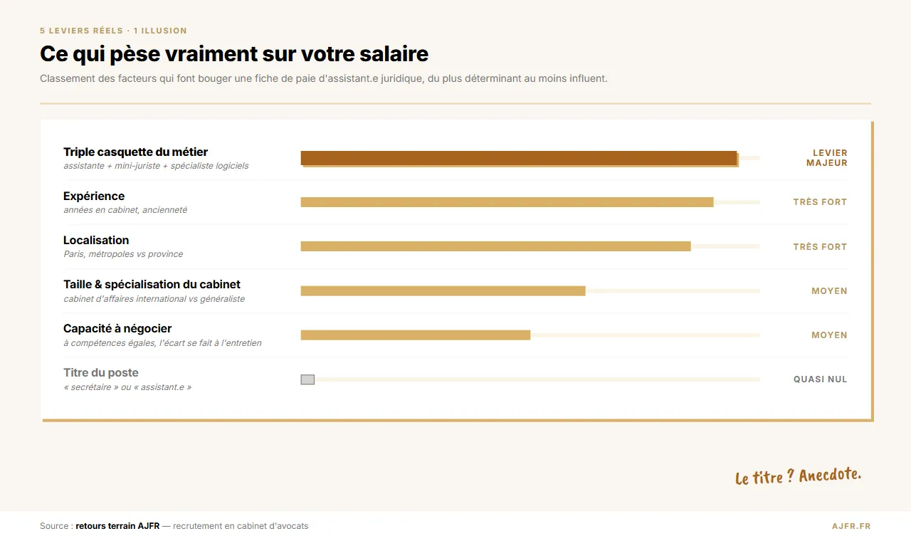 Graphique en barres horizontales classant les facteurs qui font varier le salaire d'une assistant(e) juridique : la triple casquette du métier, l'expérience et la localisation sont les leviers les plus forts ; le titre du poste a un impact quasi nul.