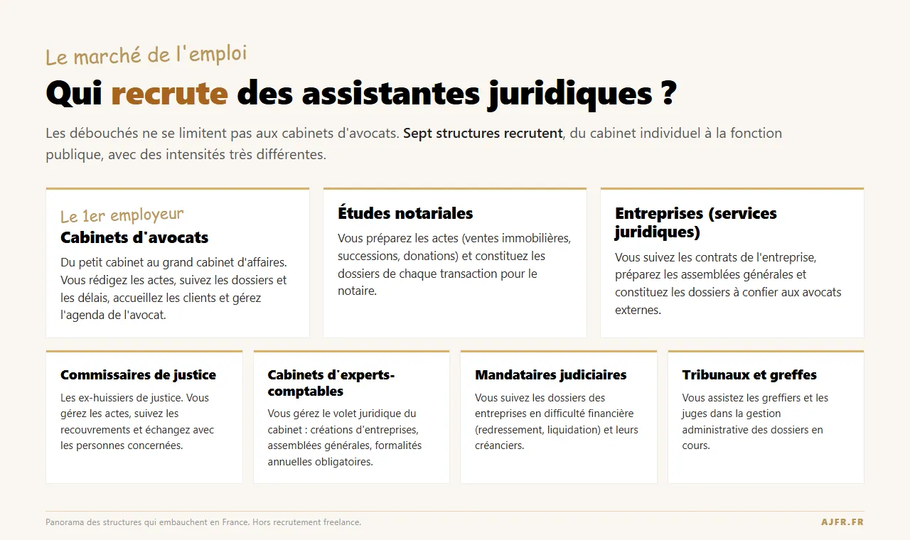 Cabinets, notaires, entreprises, justice : qui recrute les assistantes juridiques en France.