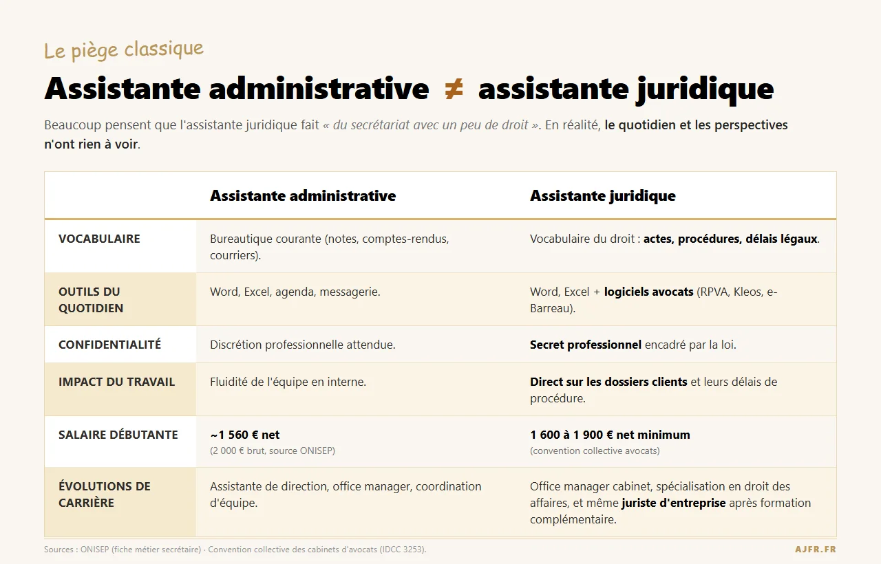 Comparatif assistante administrative vs assistante juridique sur 6 critères clés.
