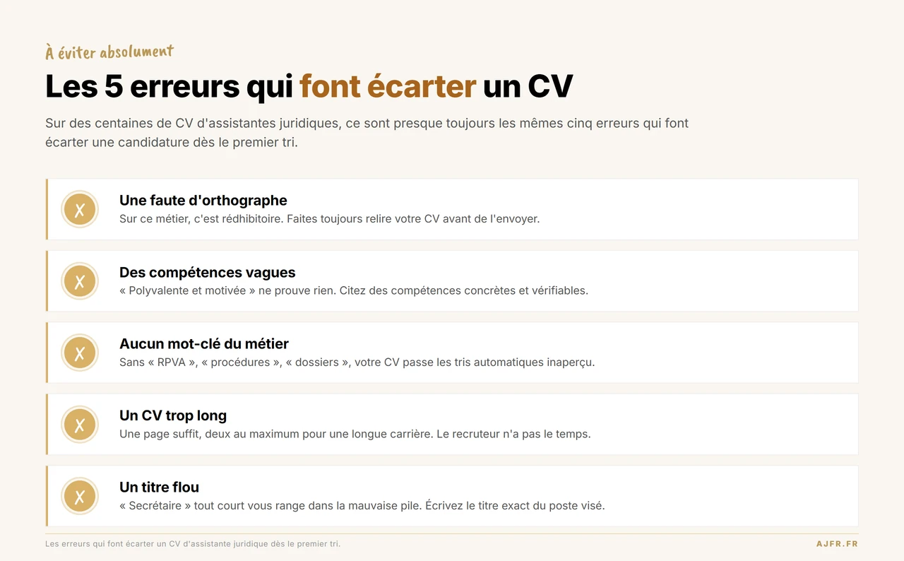 Infographie des cinq erreurs qui font écarter un CV d'assistante juridique : faute d'orthographe, compétences vagues, aucun mot-clé du métier, CV trop long, titre flou.