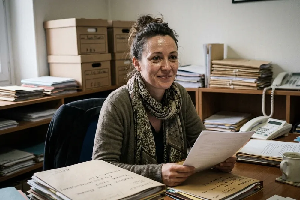 Une assistante juridique relit son CV à son bureau, dans une ambiance de cabinet d'avocats classique.