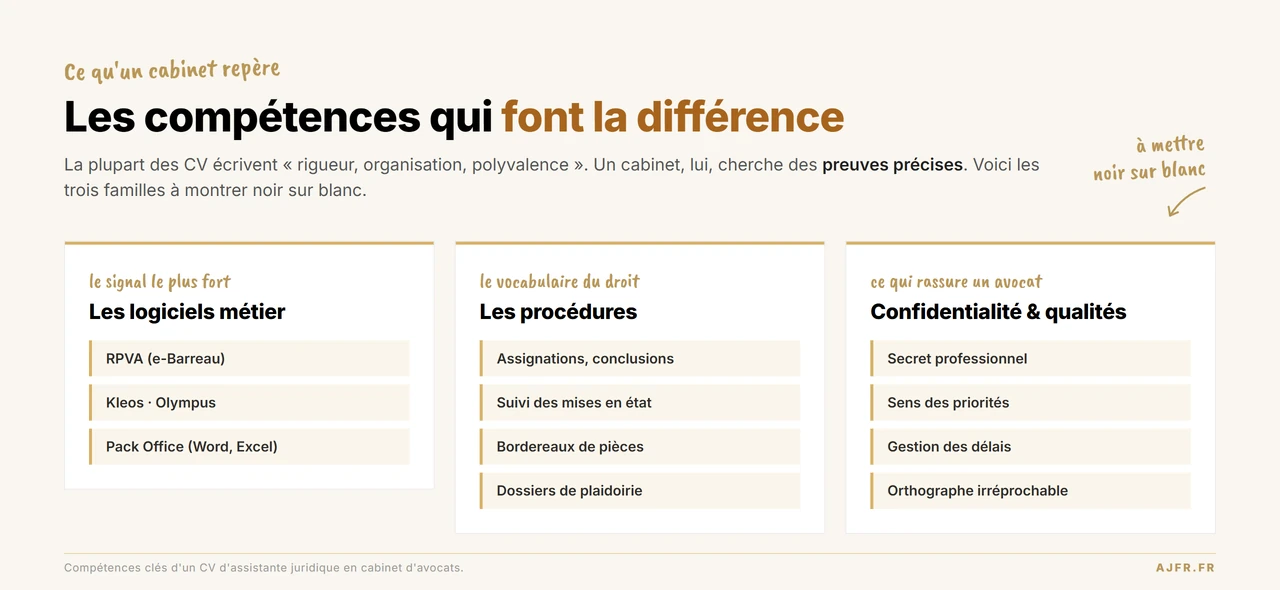 Infographie des compétences clés à mettre sur un CV d'assistante juridique, organisées en trois blocs : logiciels métier (RPVA, Kleos, Olympus), vocabulaire des procédures, confidentialité et qualités de fond.