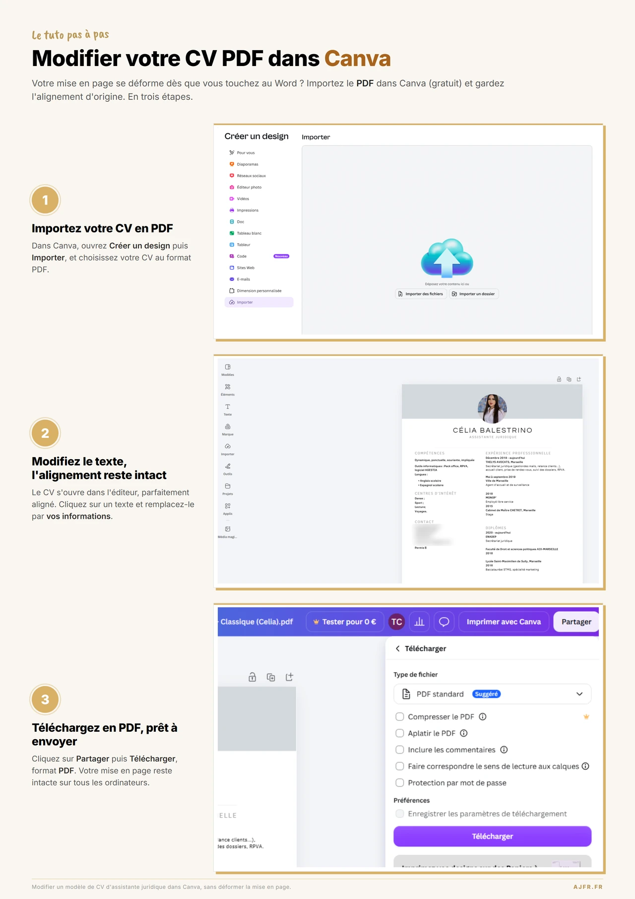 Tutoriel en trois étapes pour modifier un CV PDF dans Canva : importer le fichier, modifier le texte sans déformer la mise en page, puis télécharger en PDF.