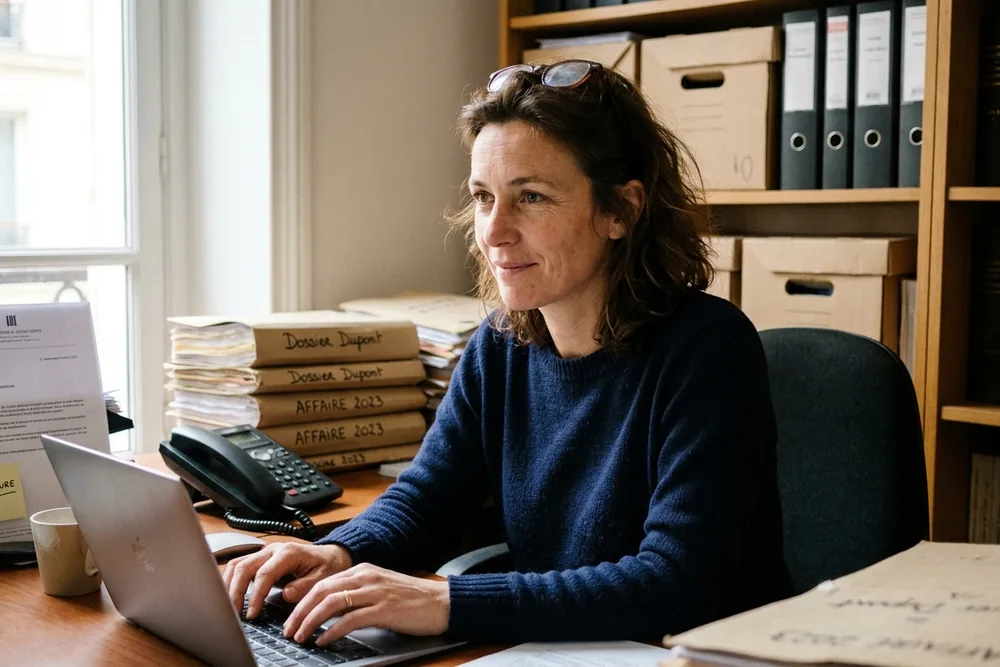 Assistante juridique rédigeant un courrier à son bureau, dans un cabinet d'avocats classique