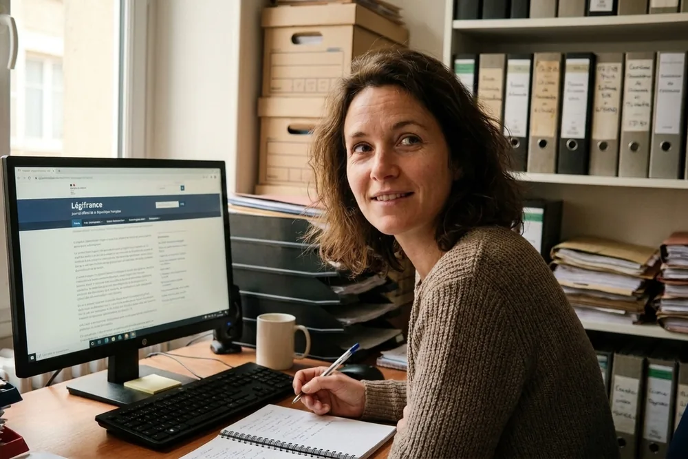 Assistante juridique consultant Légifrance sur son écran en cabinet, carnet de notes à la main