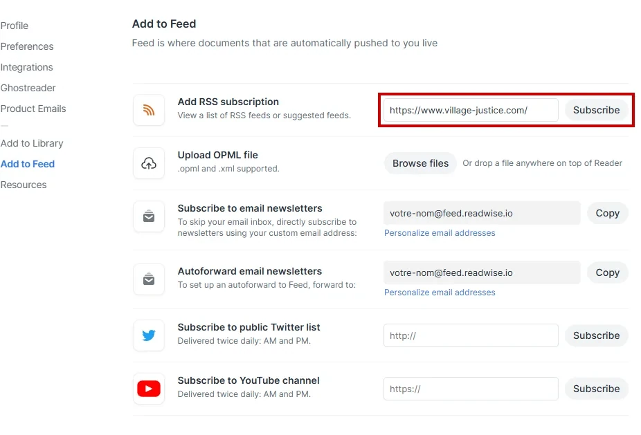 Capture d'écran de Reader : ajouter le flux RSS d'un site dans la section Add to Feed