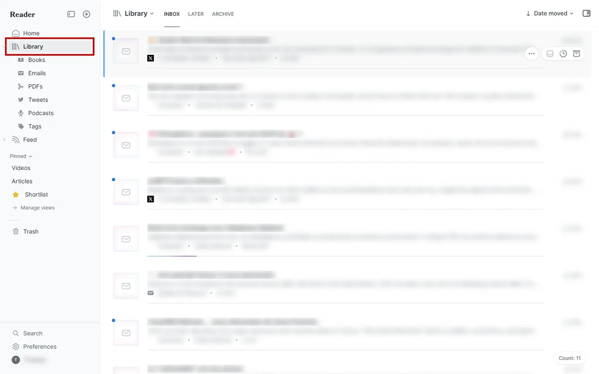 Capture d'écran de Reader : la vue Library, la pile de lecture unique où toute la veille s'accumule