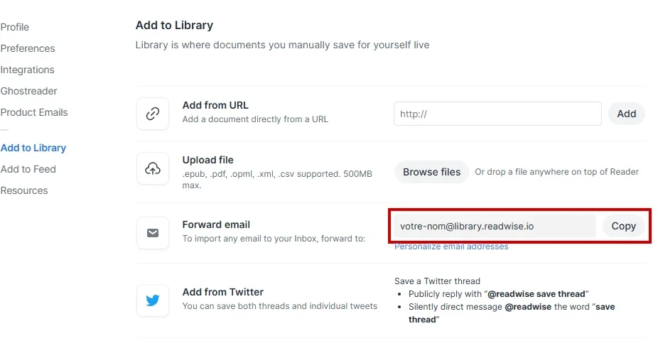 Capture d'écran de Reader : l'adresse mail de lecture dans les réglages, section Add to Library