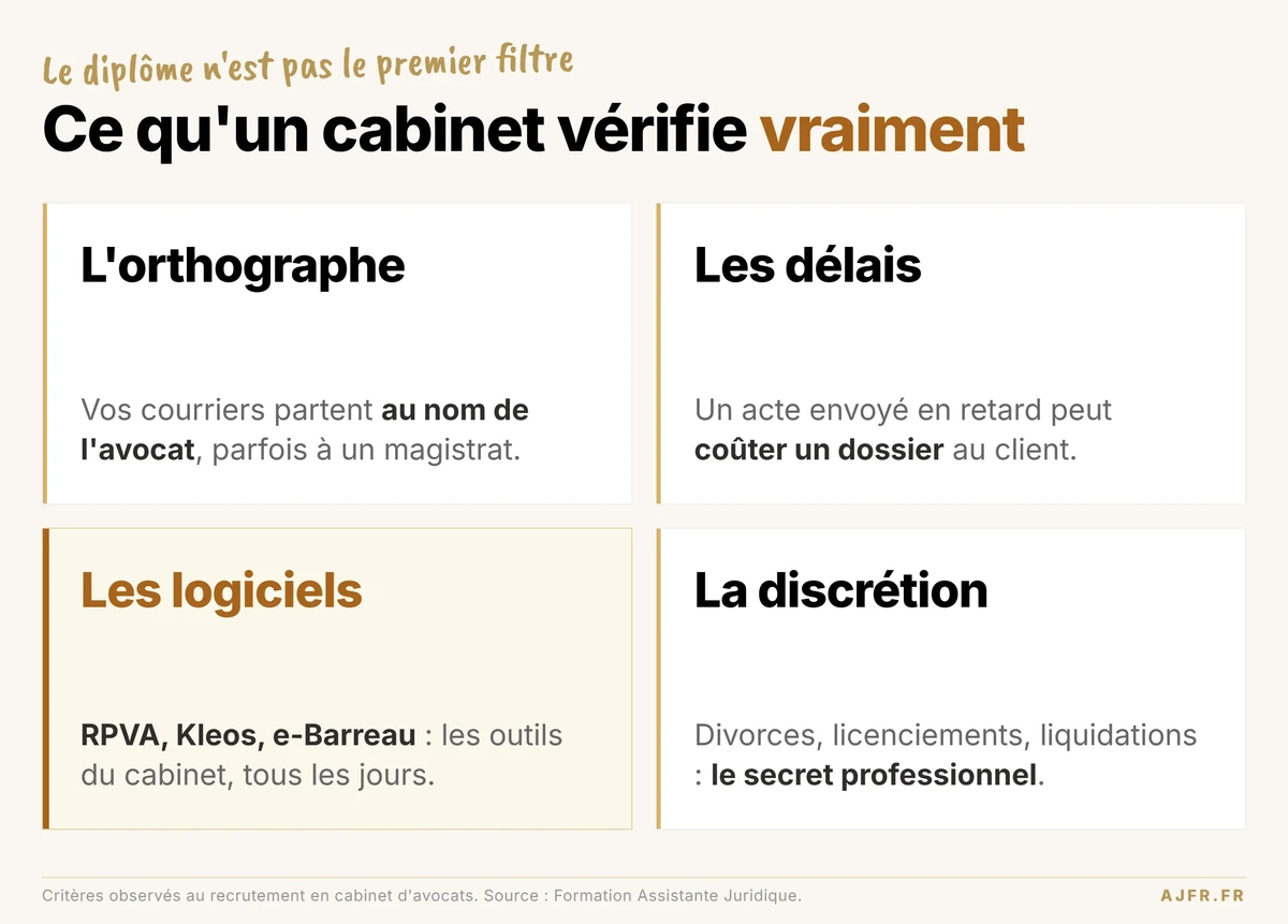 Ce qu'un cabinet d'avocats vérifie au recrutement : orthographe, délais, logiciels, discrétion