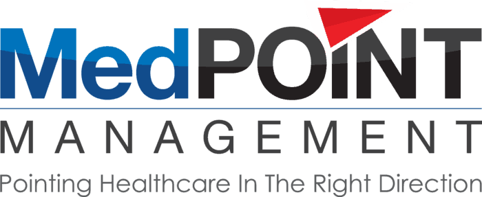 Logo of MedPOINT Management with a red and white paper airplane icon and the tagline 'Pointing Healthcare In The Right Direction.'