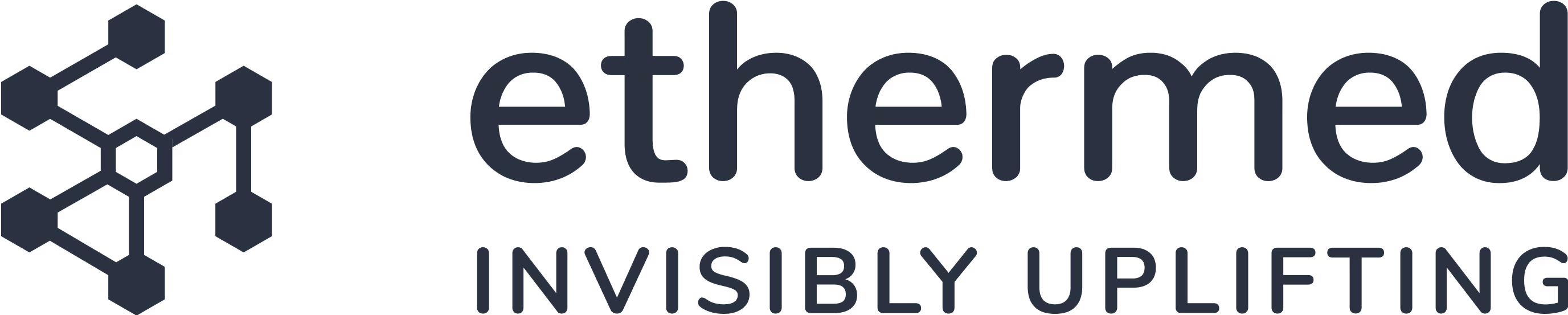 Ethermed horizontal logo in dark blue with byline 'Invisibly Uplifting'