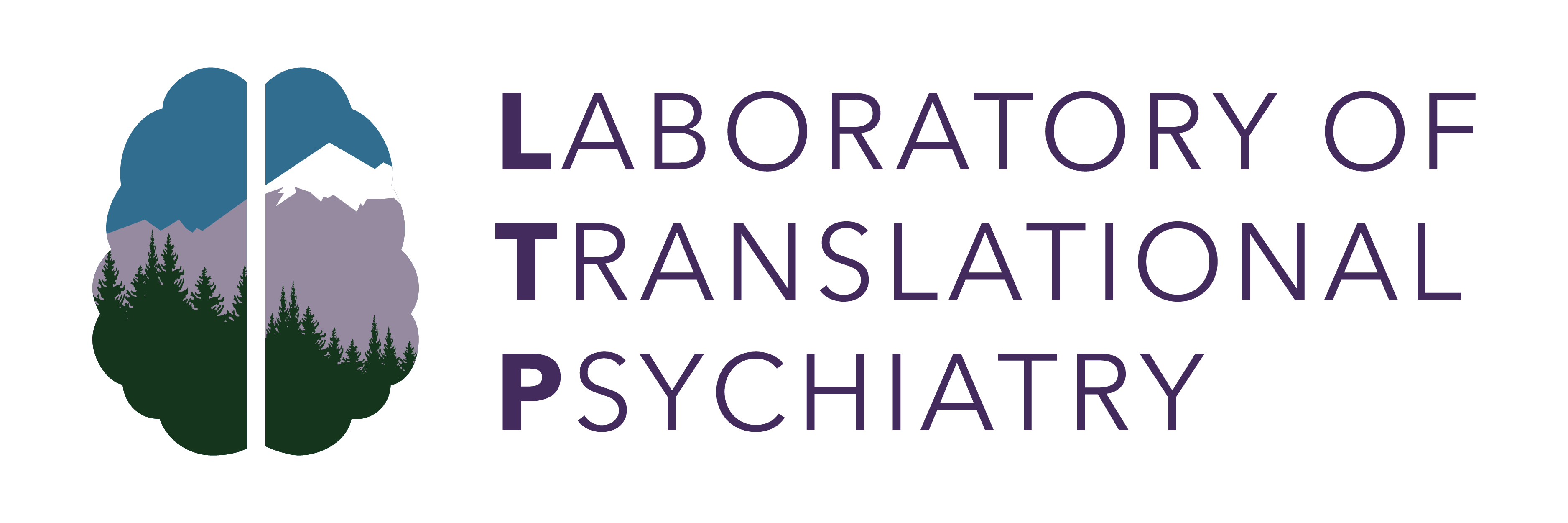 Trees and mountain scenery inside the shape of a brain with the words "Laboratory of Translational Psychiatry" displayed to the right of the brain logo