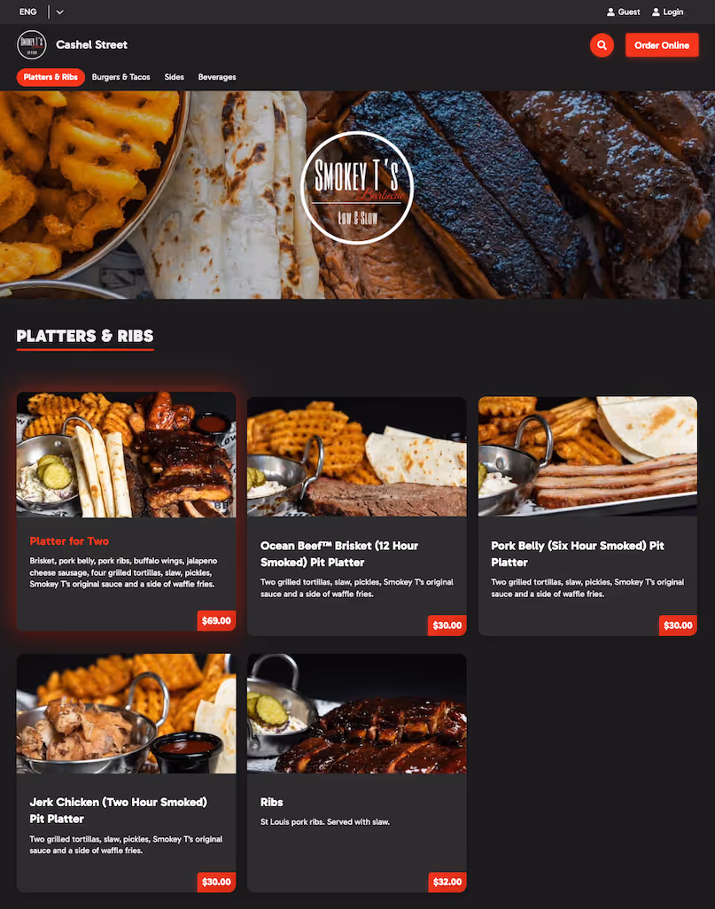 Barbecue menu page showing images of waffle fries, tortillas, and various smoked meat platters including ribs, brisket, pork belly, and jerk chicken with prices.