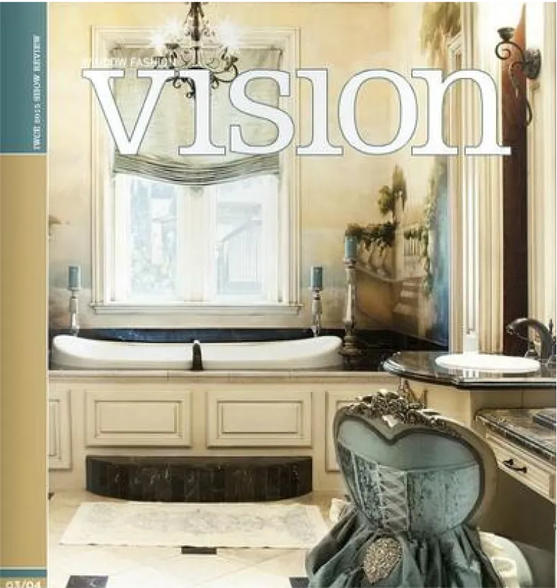 A magazine with a picture of a bathroom.