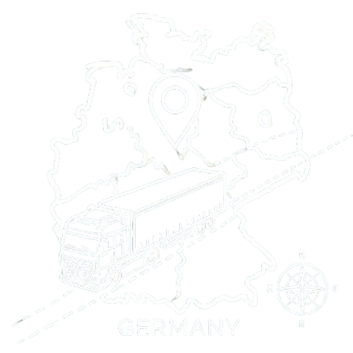 Outline illustration of a truck delivering DDGS to Germany, featuring the country's contour and a location marker