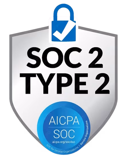 SOC 2 Type 2 compliance shield with a lock and checkmark symbol and AICPA SOC blue certification seal.