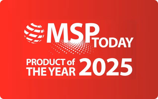 MSP Today Product of the Year 2025 logo on a red background with a globe icon.
