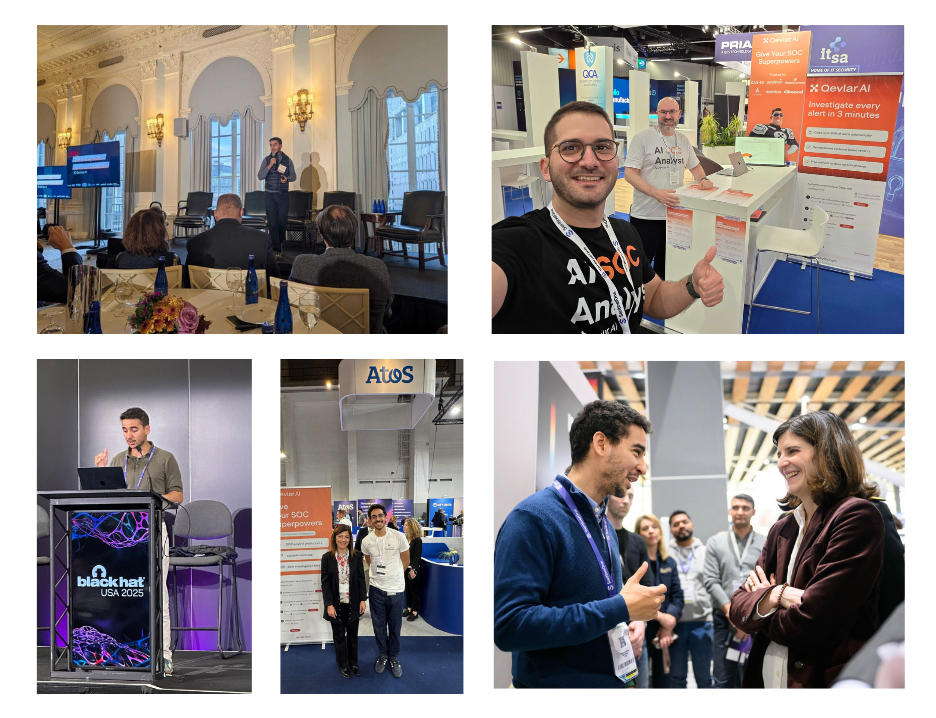 Collage of five images showing professional events: a speaker presenting in a decorated room, two men at a tech booth smiling and giving thumbs up, a man speaking at Black Hat USA 2025 podium, two people posing at Atos exhibition booth, and a group having a conversation at a conference.