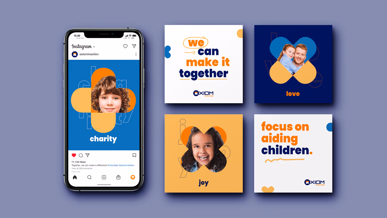 Layout of promotional materials on Instagram, featuring children against colorful backgrounds with logos and slogans encouraging collective action and joy.