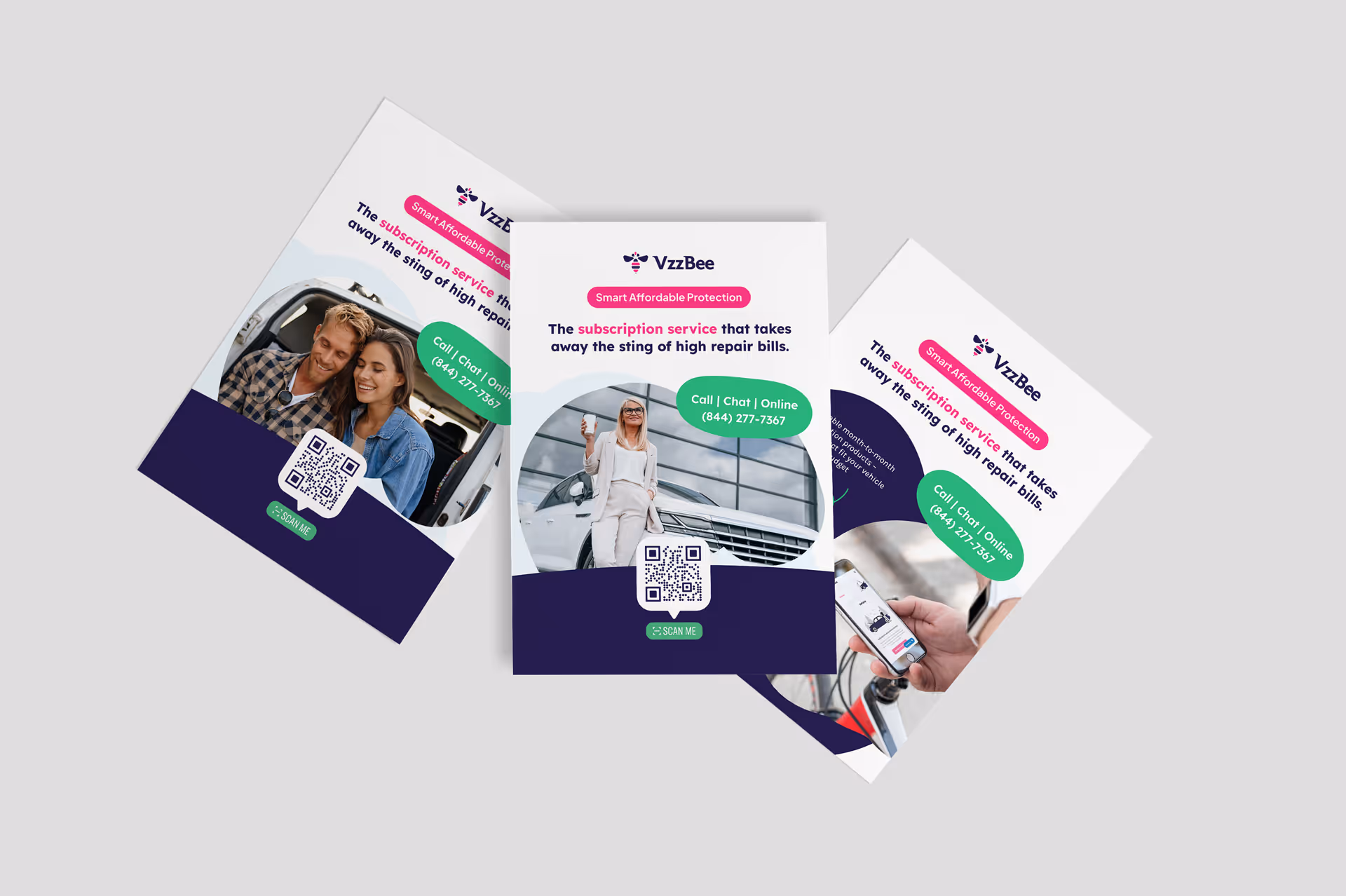 Assorted  printed flyers laid out, highlighting features like smart affordable protection and QR codes linking to their services.
