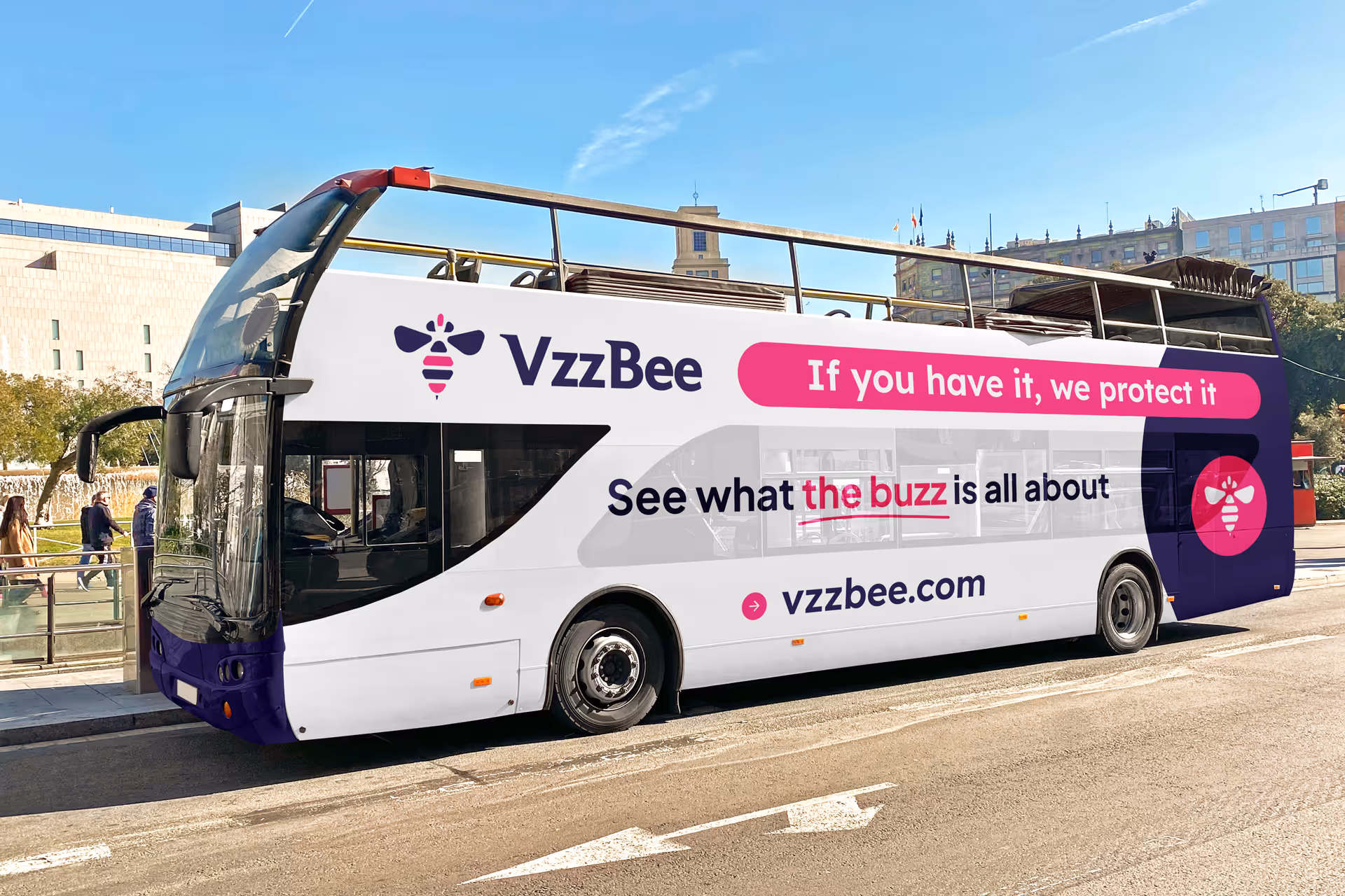 Side view of a city bus wrapped in branding, featuring the tagline ‘If you have it, we protect it’ alongside promotional content about vehicle protection services.