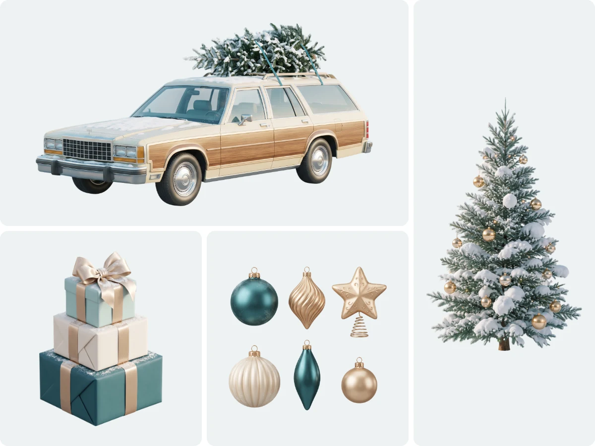 KeabboLab Christmas pack 2026: a vintage wagon with a tree on the roof, gifts, snowy firs and a cabin under falling snow
