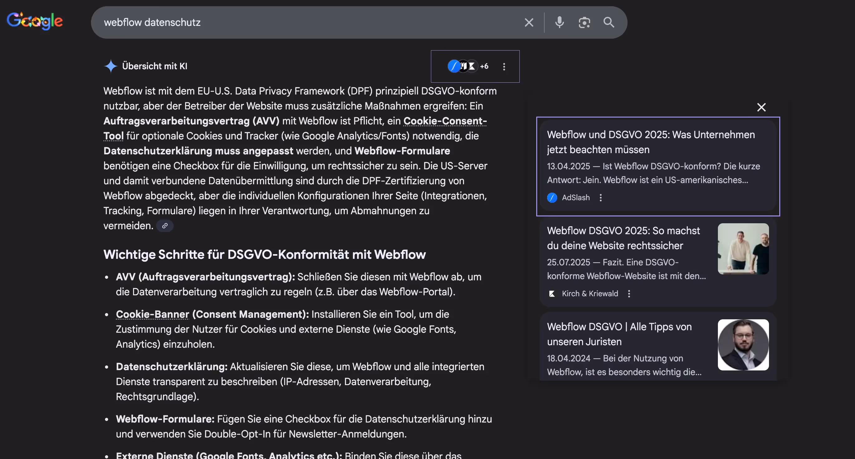 Google-Suchergebnis mit ‚Übersicht mit KI‘ zur Anfrage ‚webflow datenschutz‘; AdSlash-Artikel wird als Quelle in den AI Overviews angezeigt.