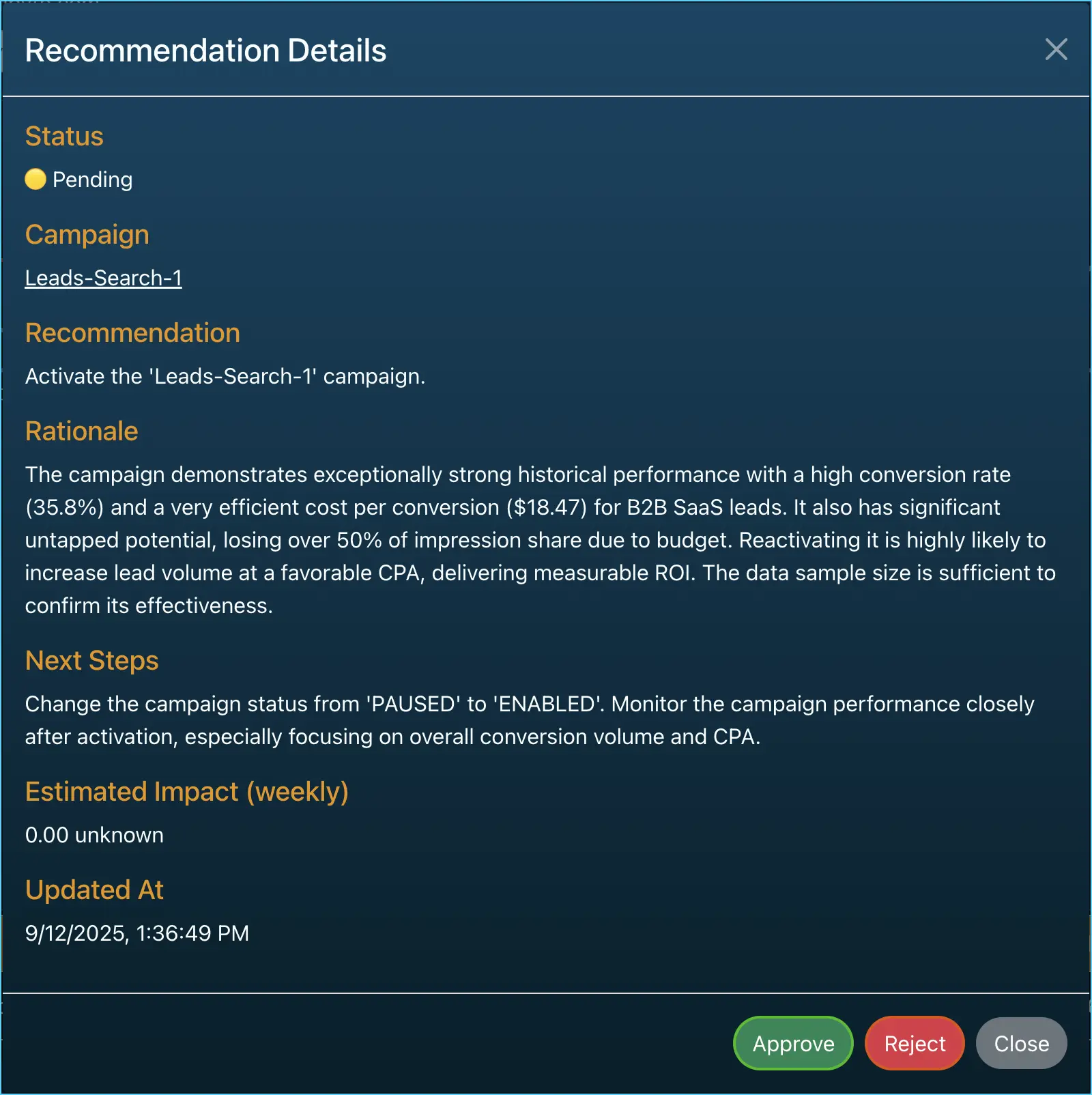 Recommendation details card in Hai Impact