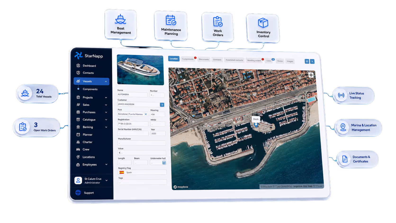 Dashboard interface for StarNapp yacht management with vessel lists, details, work orders, and controls.