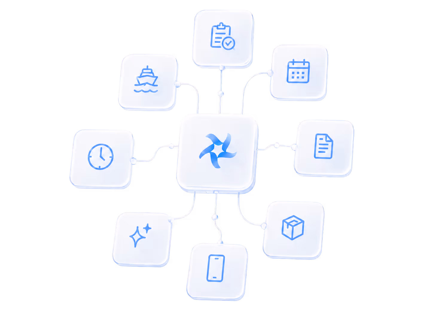 Central icon connected to eight icons: ship, checklist, calendar, document, box, smartphone, sparkles, clock.