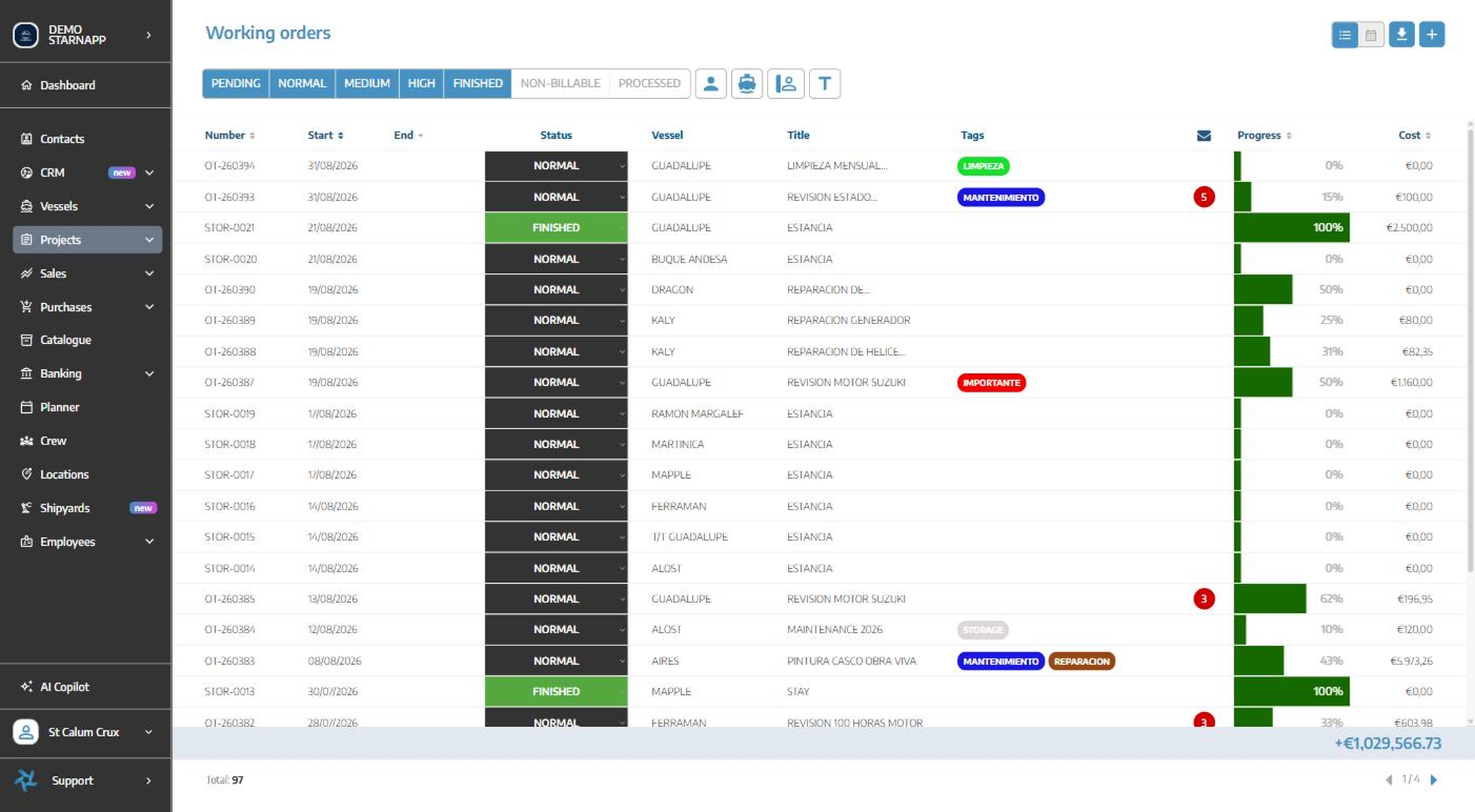 StarNapp work orders screen showing a vessel profile beside its live job list with status, progress and cost