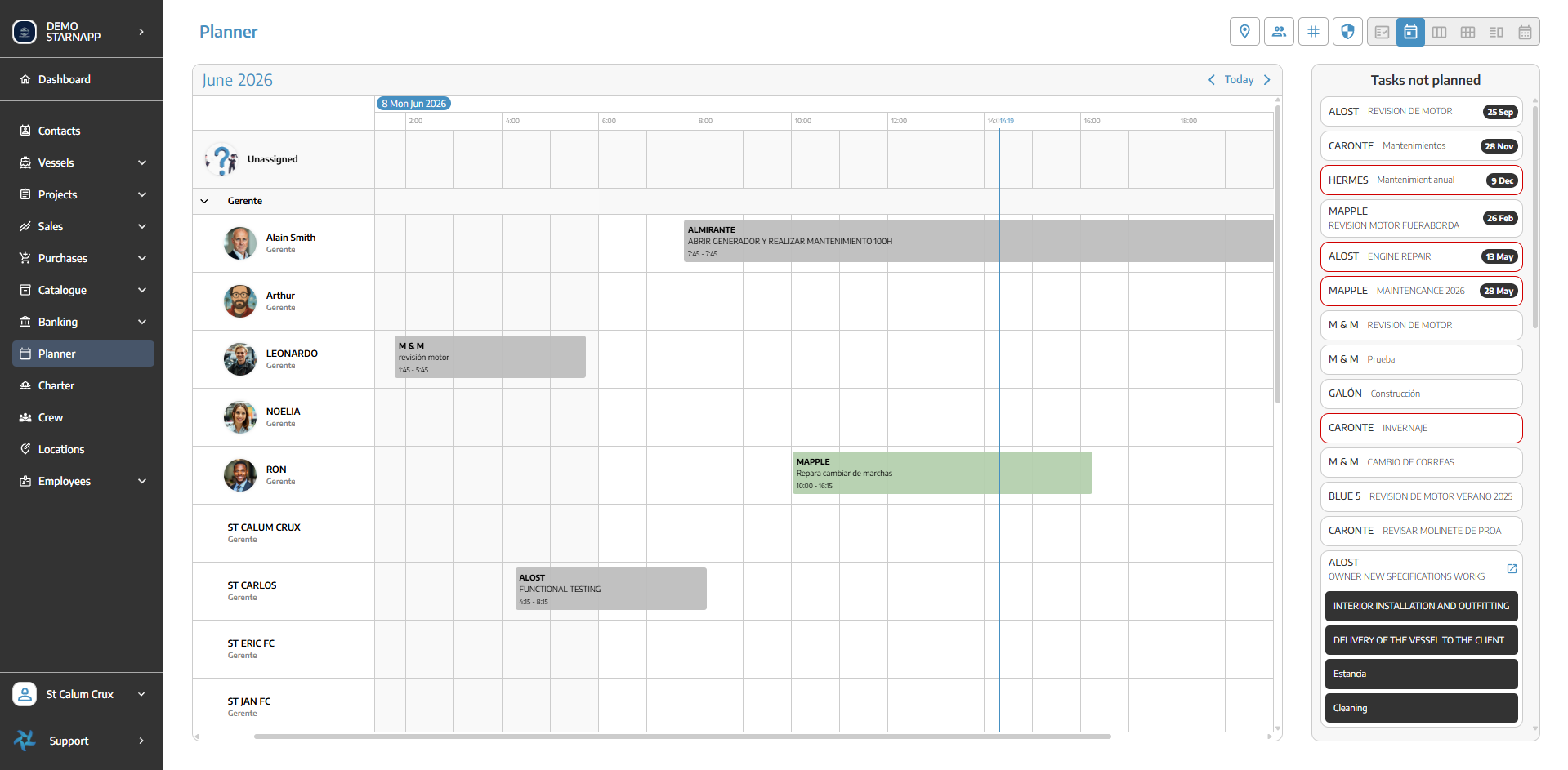 StarNapp visual planner showing scheduled jobs across technicians on a timeline