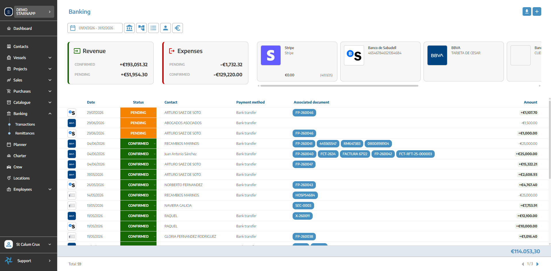 StarNapp invoicing and banking screen showing invoices and reconciled payments