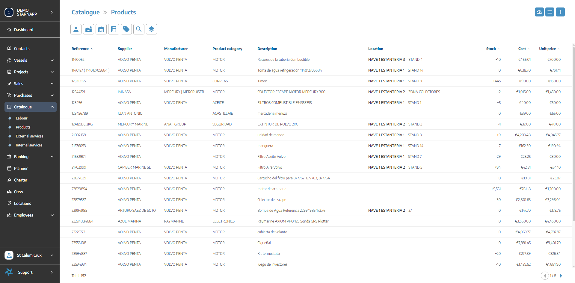 StarNapp inventory screen showing parts, stock levels and costs
