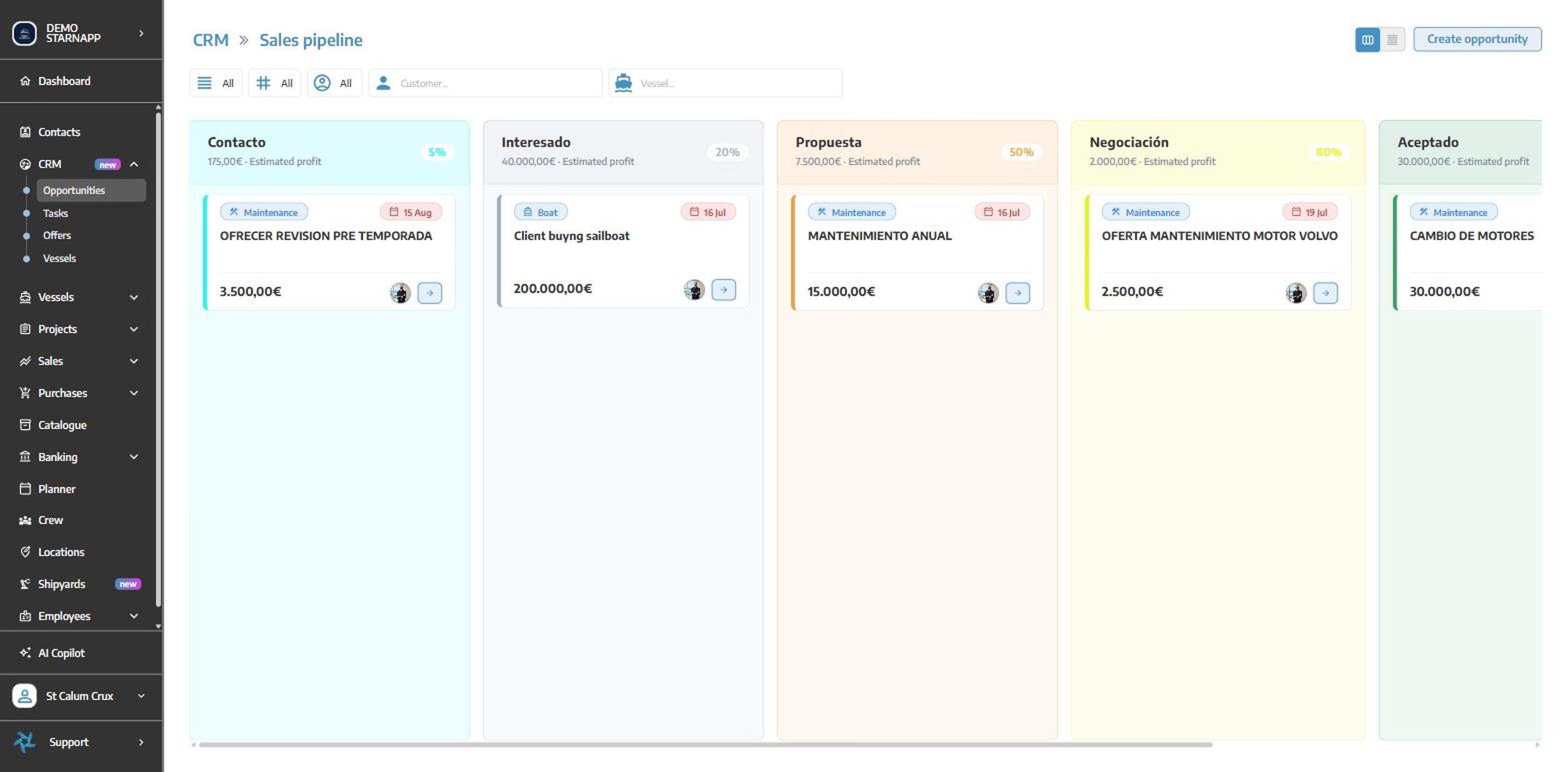 StarNapp CRM sales pipeline showing opportunities across contact, interested, proposal, negotiation and accepted stages
