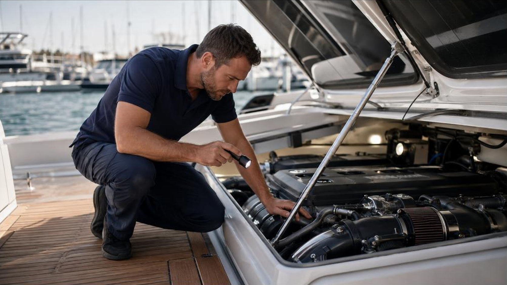 Marine technician checking a vessel record on a tablet beside a motor yacht
