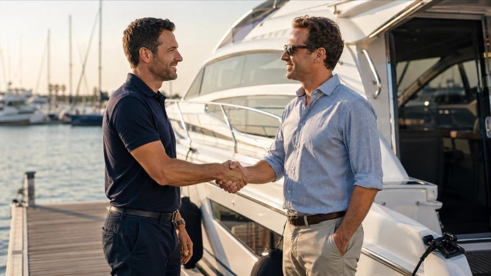 Marine professional discussing a job beside a motor yacht on a marina pontoon