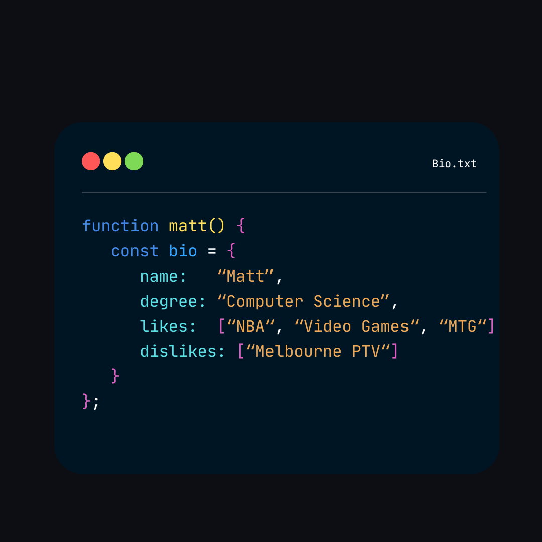 A code like idea design that details Matthew's interests