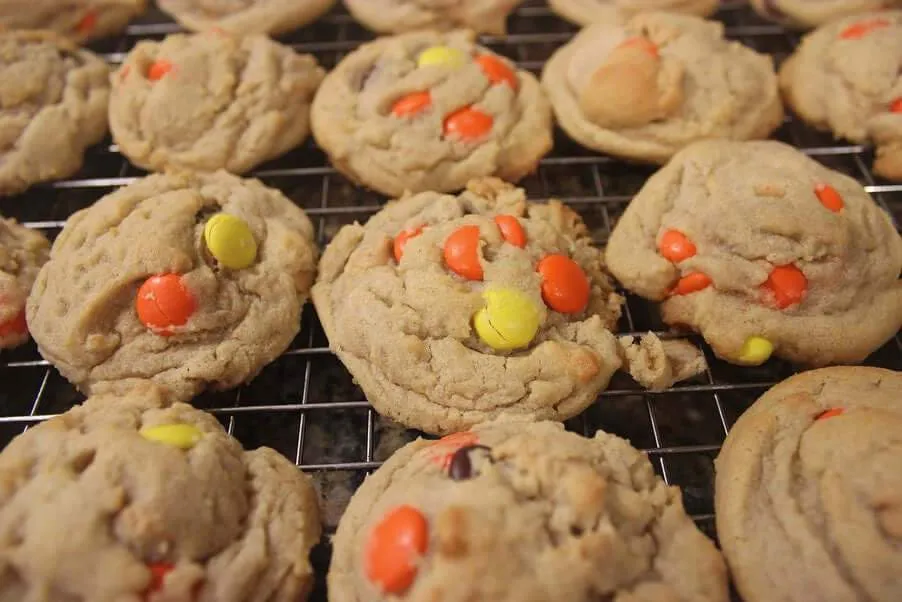 Angie’s Chocolate Chip/Peanut Butter Chip Cookies with Reese's Pieces on top