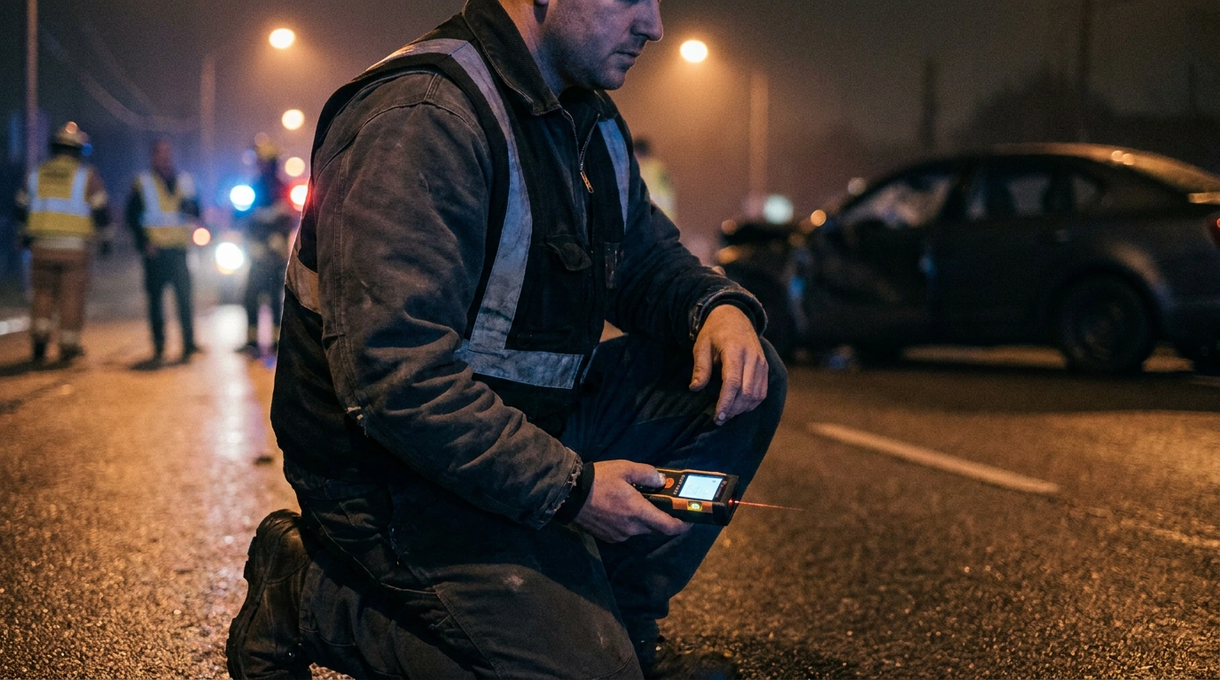 Forensic engineer scanning a roadside scene at night