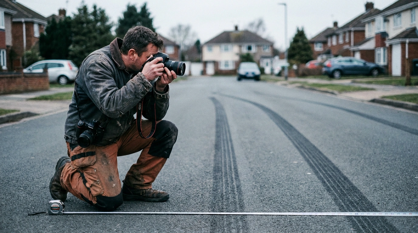 Engineer photographing tire marks on a road