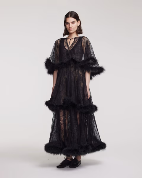 Кружевное платье с отделкой из перьев марабу KALMANOVICH