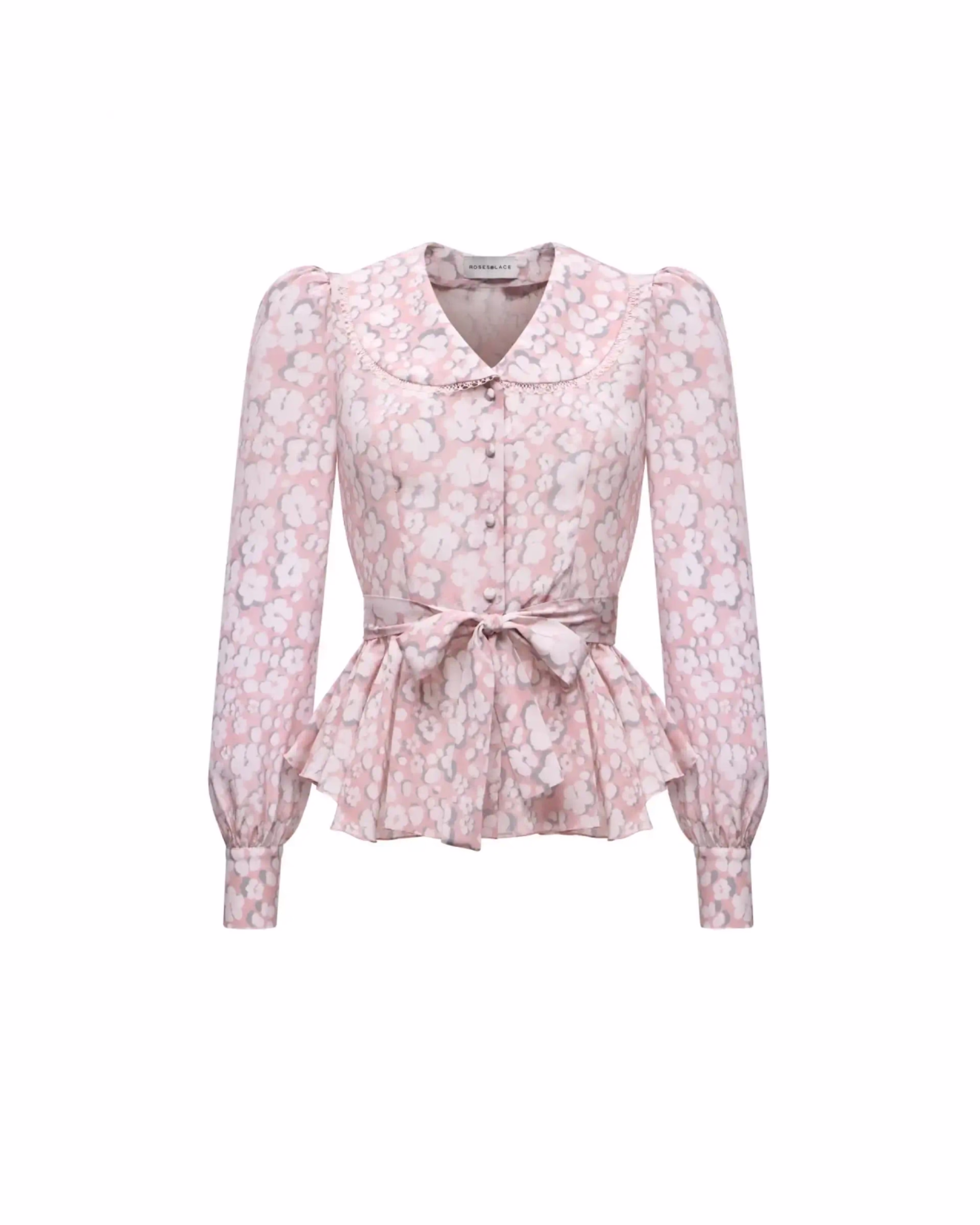Блуза из розового крепдешина со средними молочными цветами  ROSES LACE
