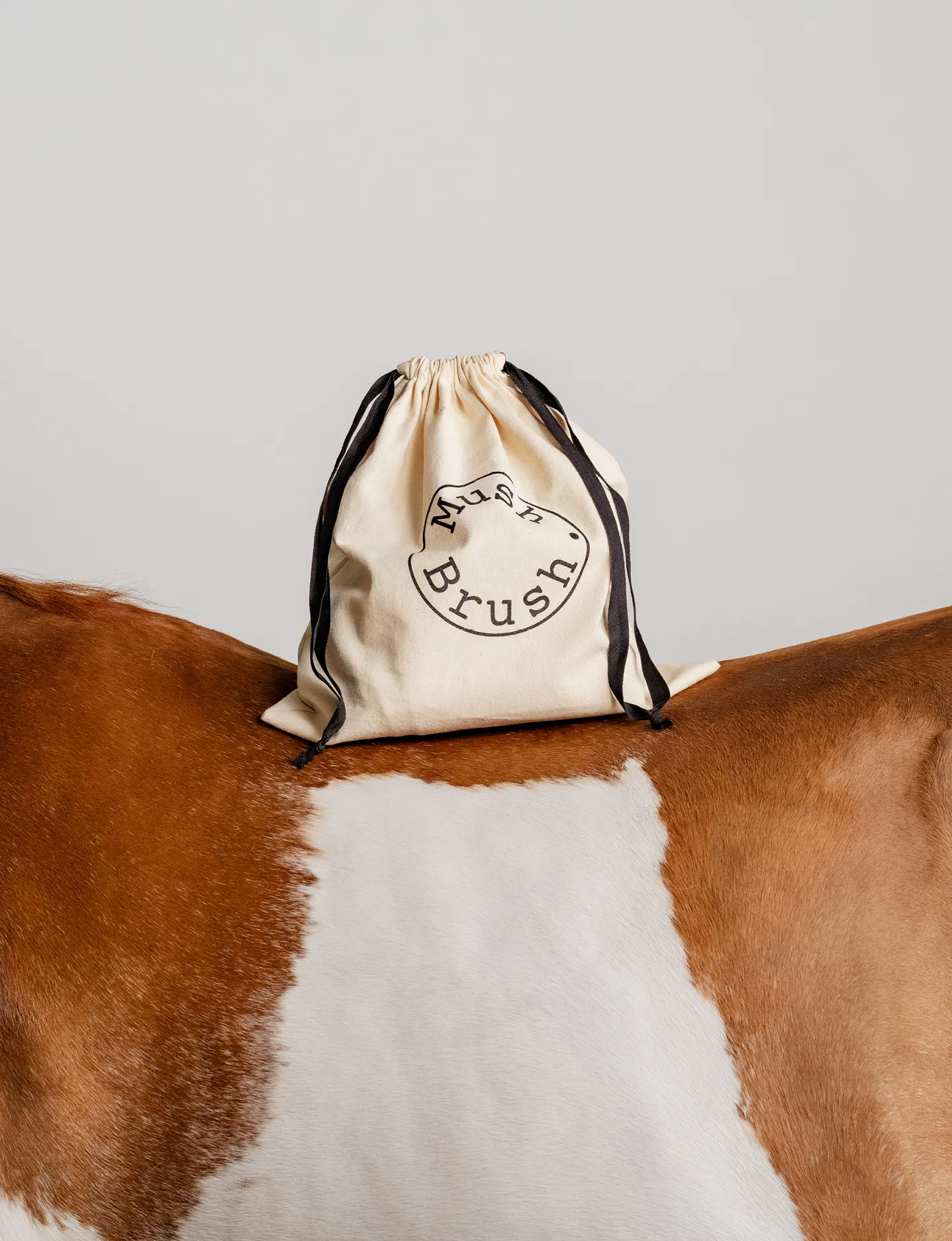 Beige drawstring bag labeled 'Mush Brush' resting on the back of a brown and white horse.