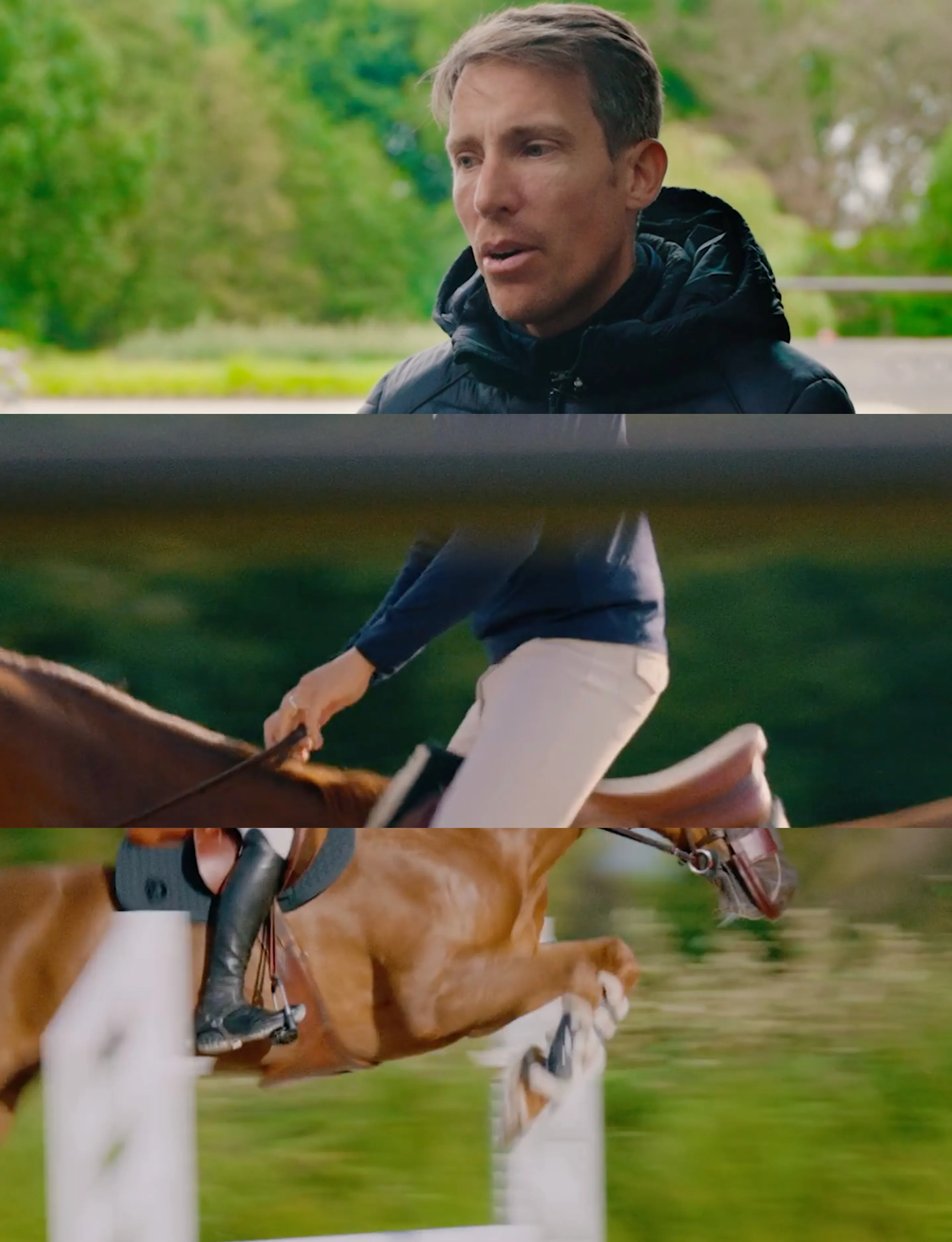 Three horizontal strips showing Henrik von Eckermann in a black jacket outdoors, in beige pants on a horse, and a close-up of horse and Henrik jumping over a white obstacle.