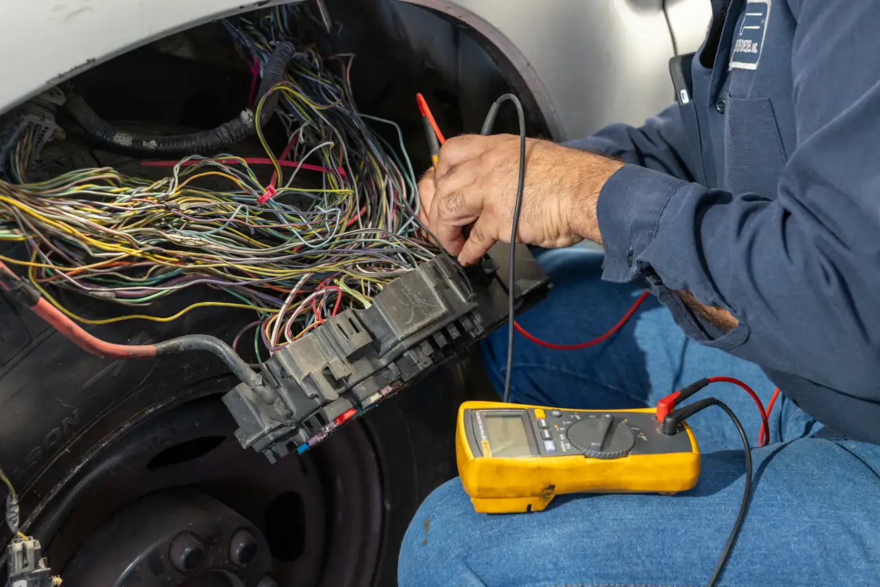 Technician performing electrical diagnostics on heavy-duty truck wiring with a digital multimeter.