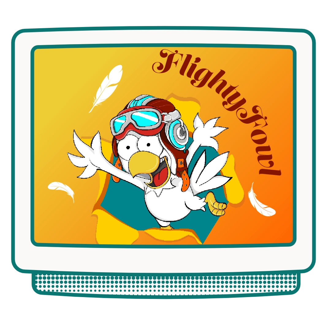 This logo is for "Flighty Fowl". They are a food truck based in Colorado Springs, CO and their primary food item sold is Wings. They logo features a cartoon chicken in an aviator helmet bursting though a background with feathers falling around. This logo is shown in a retro monitor. 