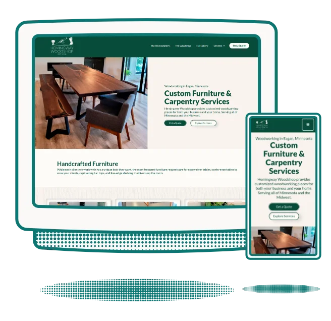 A retro monitor and phone interface displaying both the desktop and the mobile version of the Hemingway Woodshop website.