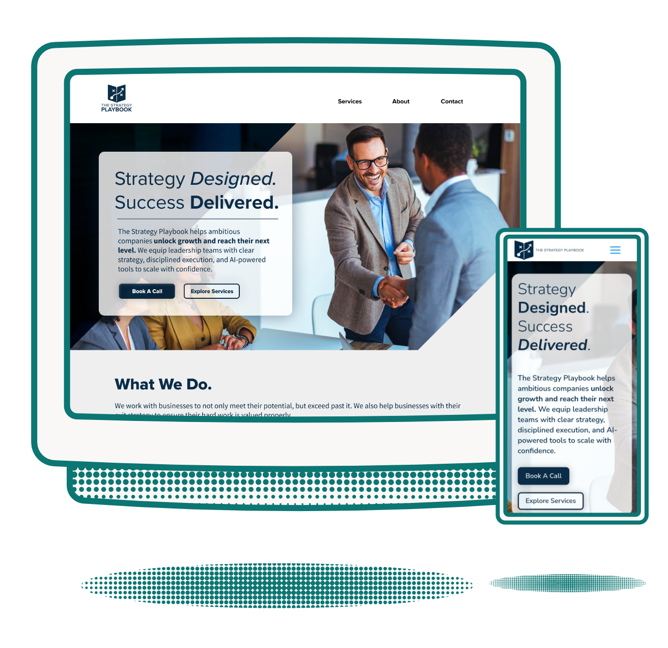 The website design for the Strategy Playbook. Shown on a mobile and desktop breakpoint. 